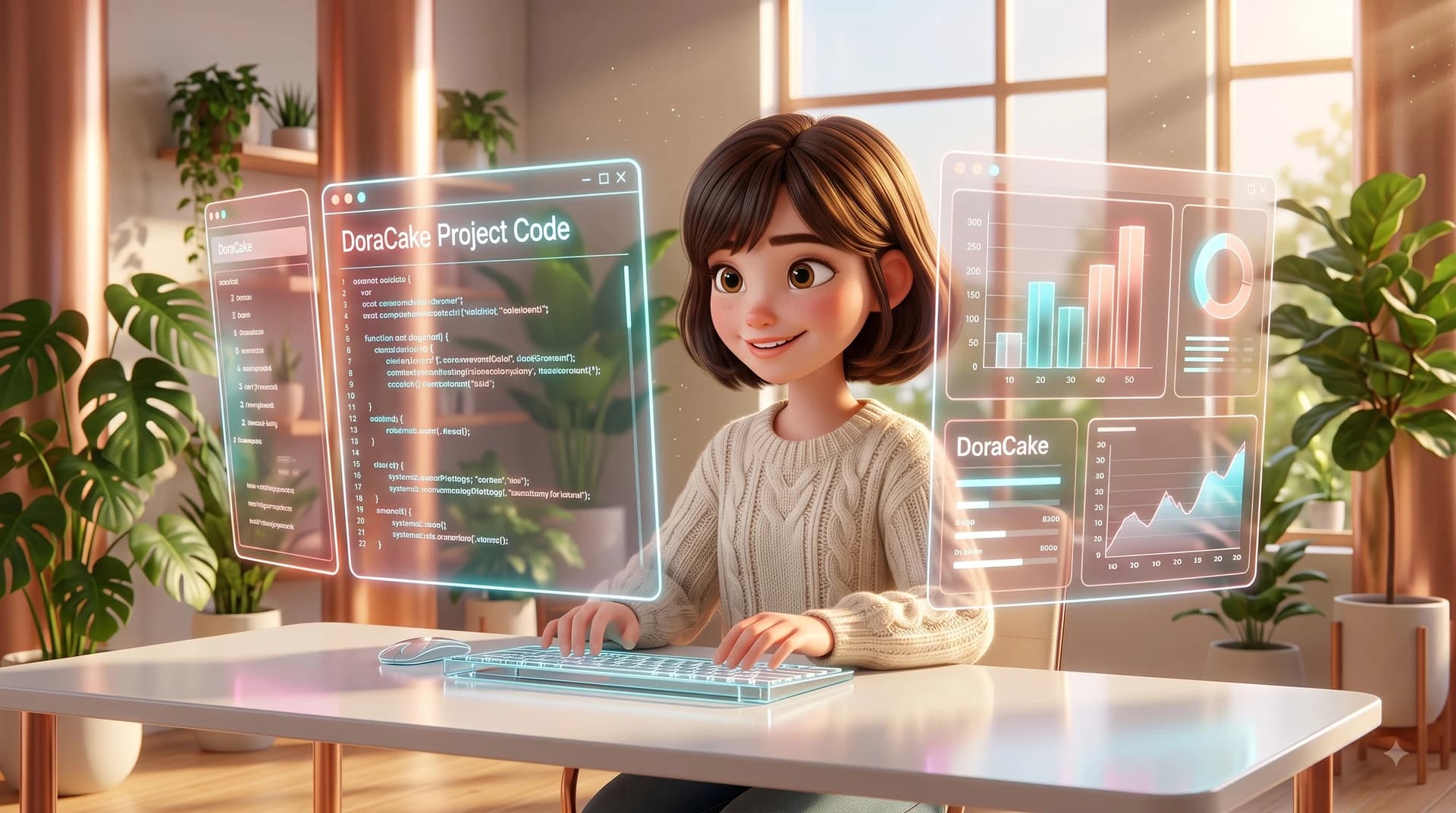 Dora exploring a project through holographic dashboards and live code
